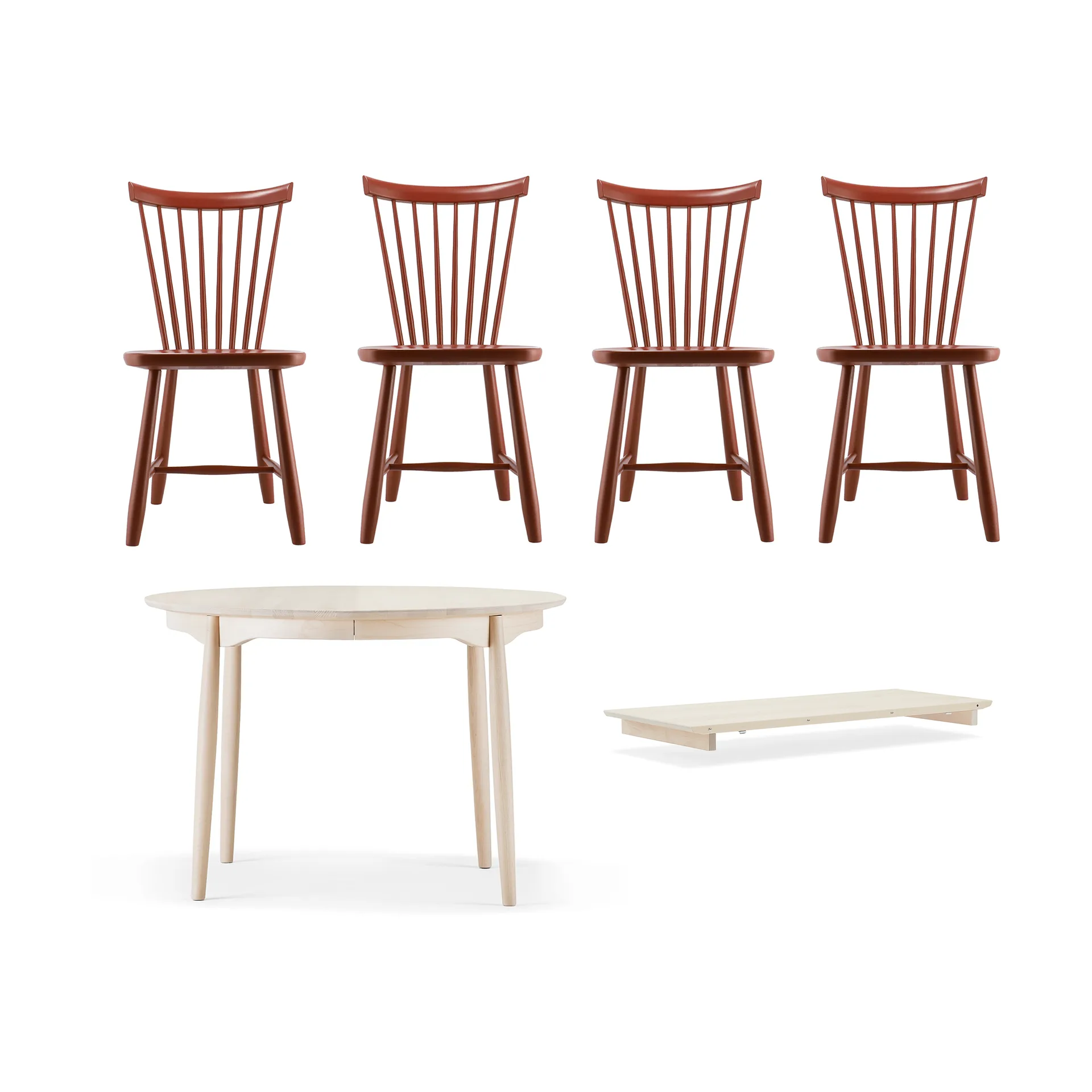 Carl matbord Ø115 & Ilägg + Lilla Åland stol 4-pack – Ljus björk-faluröd,  Stolab
