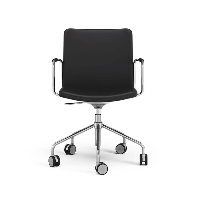 Stella kontorsstol höj/sänkbar med svikt - läder elmosoft 99999 svart, kromstativ, läderlindade armstöd - Swedese