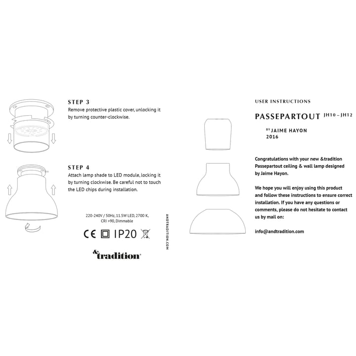 Passepartout JH12 lampa fast montage, Guld &Tradition