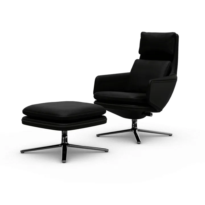 Grand Relax fåtölj + fotpall Leather premium F 66 nero-aluminium - Vitra