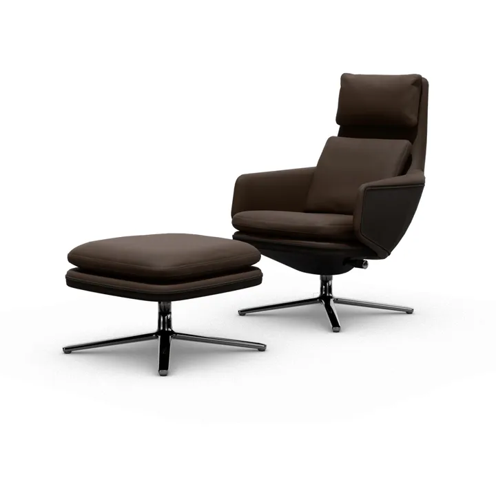 Grand Relax fåtölj + fotpall Leather premium F 68 chocolate-aluminium - Vitra