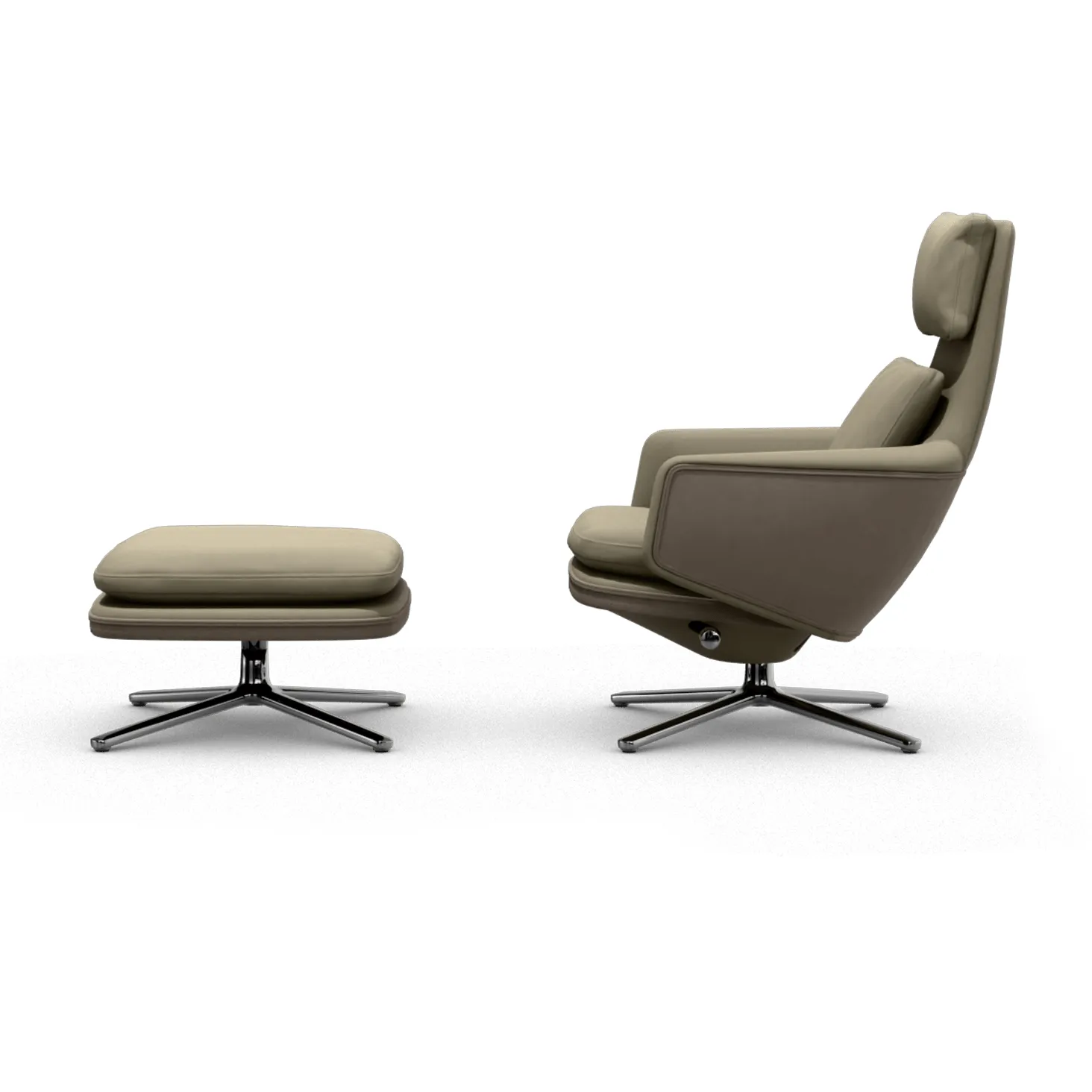 Grand Relax fåtölj + fotpall Leather premium F 71 sand-aluminium Vitra