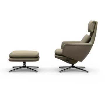 Grand Relax fåtölj + fotpall Leather premium F 71 sand-aluminium - Vitra