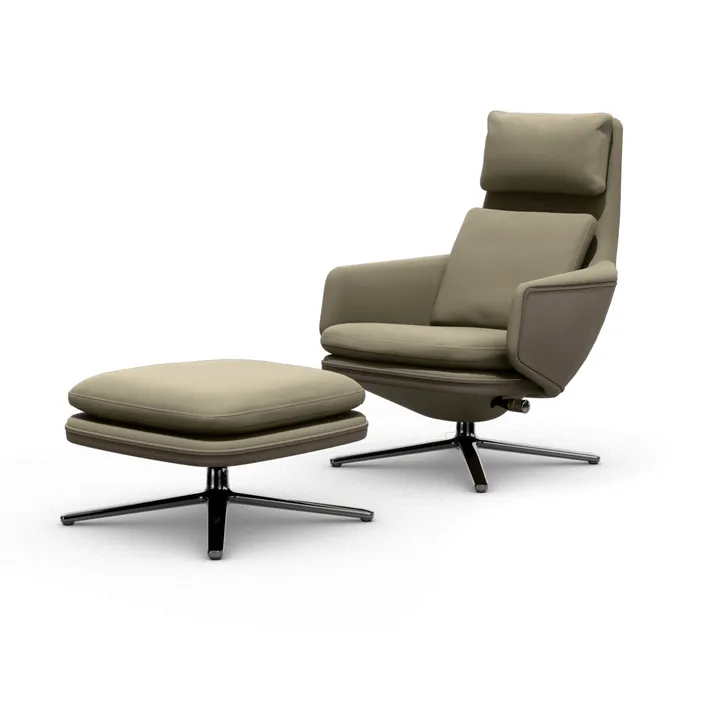 Grand Relax fåtölj + fotpall Leather premium F 71 sand-aluminium - Vitra