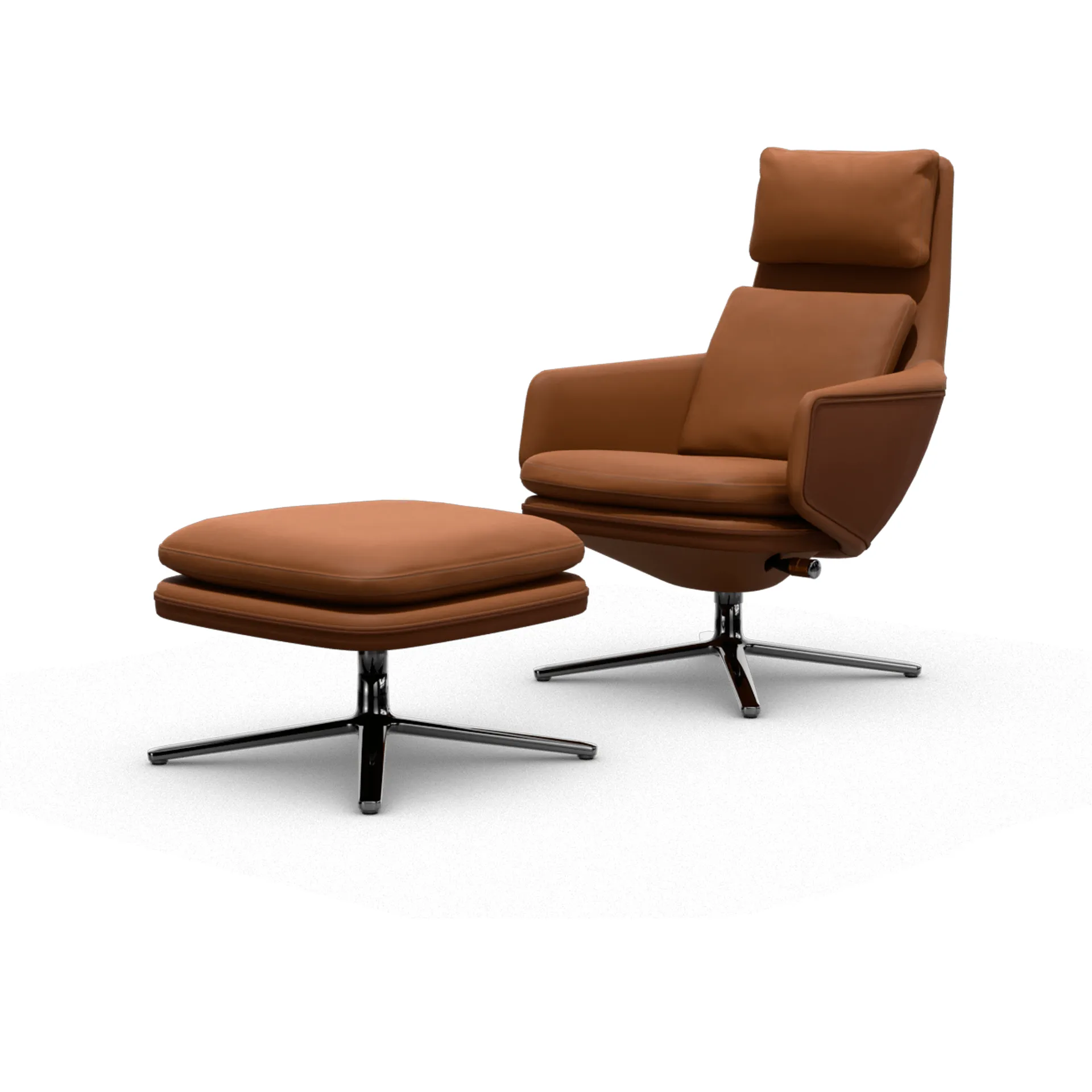Grand Relax fåtölj + fotpall Leather premium F 97 cognac-aluminium Vitra