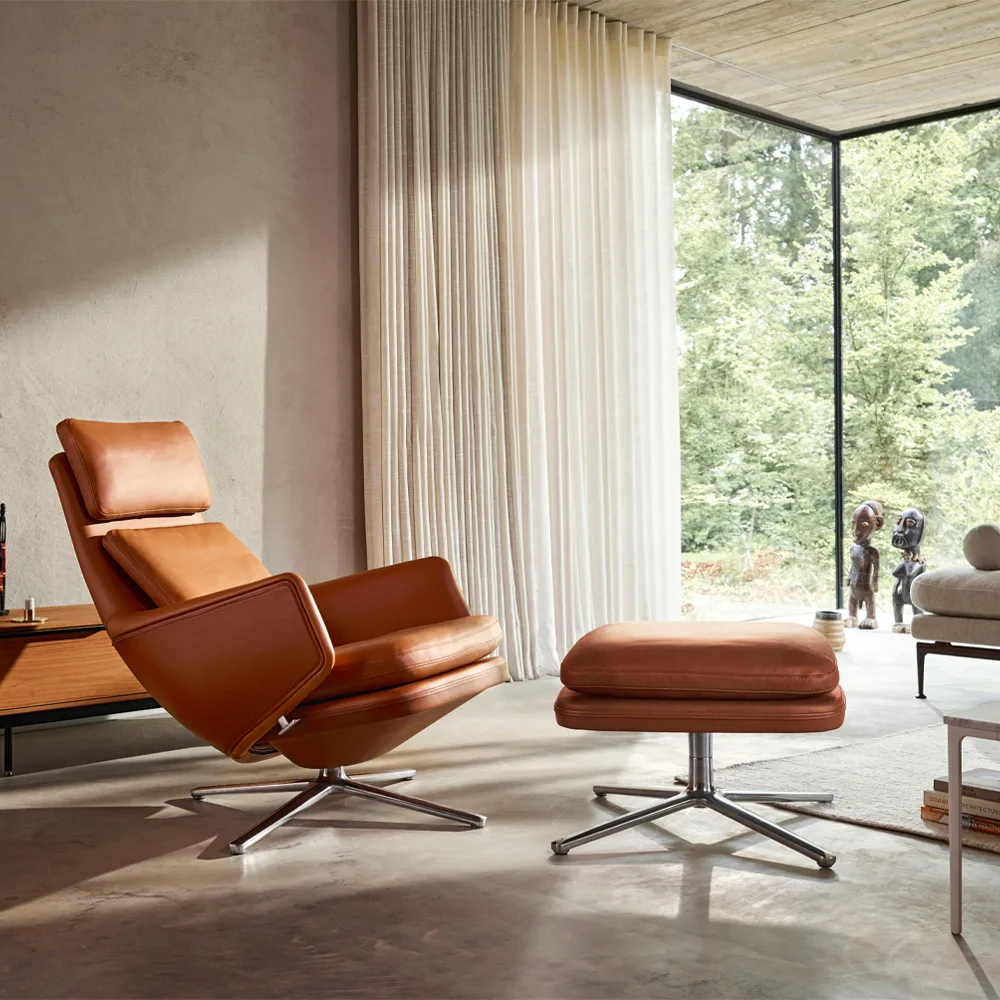 Grand Relax fotpall Leather premium F, 97 cognac-aluminium Vitra