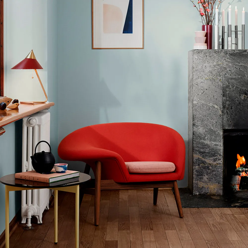 Fried Egg fåtölj, tyg canvas 134 grey melange, oljade teakben Warm Nordic