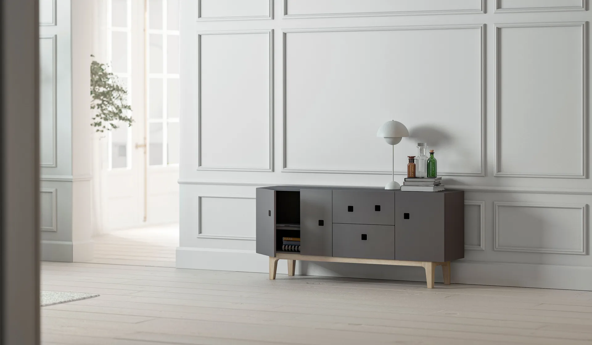 Peep M2 mediabänk, slate grey, vitpigmenterad ek Zweed