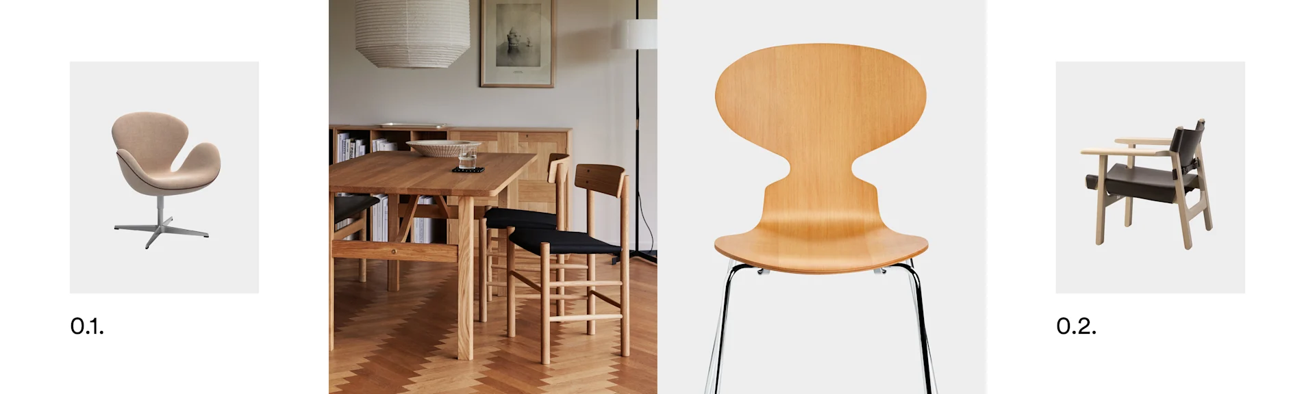 Fyra möbler: en beige fåtölj, en matsalsmöbel, en skulpterad trästol och en läderfåtölj.