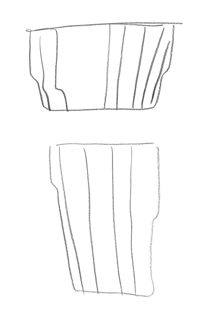 Bild som visar de första handritade skisserna på Reed-vasen för Orrefors.