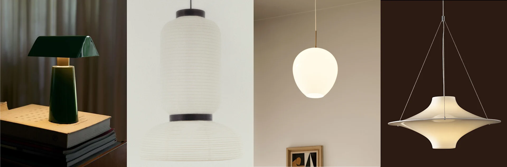Fyra olika lampor: en grön skrivbordslampa, en hög vit papperslykta, en lysande sfärisk pendel och en vit veckad pendel.