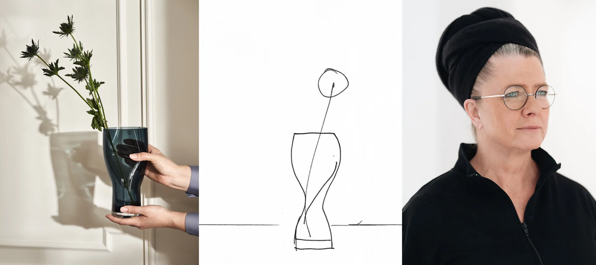 Squeeze-vas i blått, skiss på Squeeze-vasen och porträttbild av Lena Bergström för Orrefors.