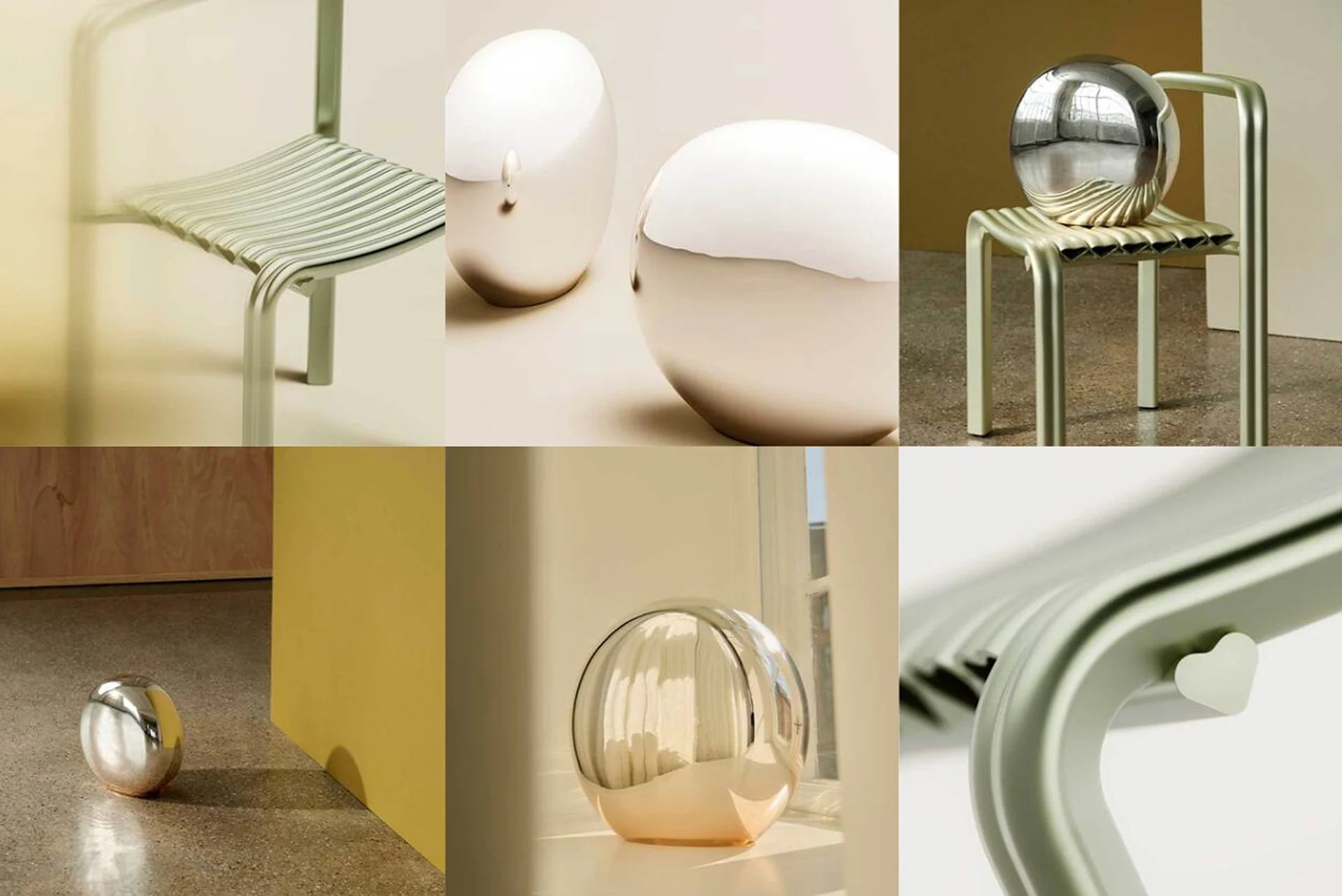 Moderna designprodukter: en ljusgrön metallstol med ribbad sits, speglande klotformade objekt och en hjärtformad detalj.