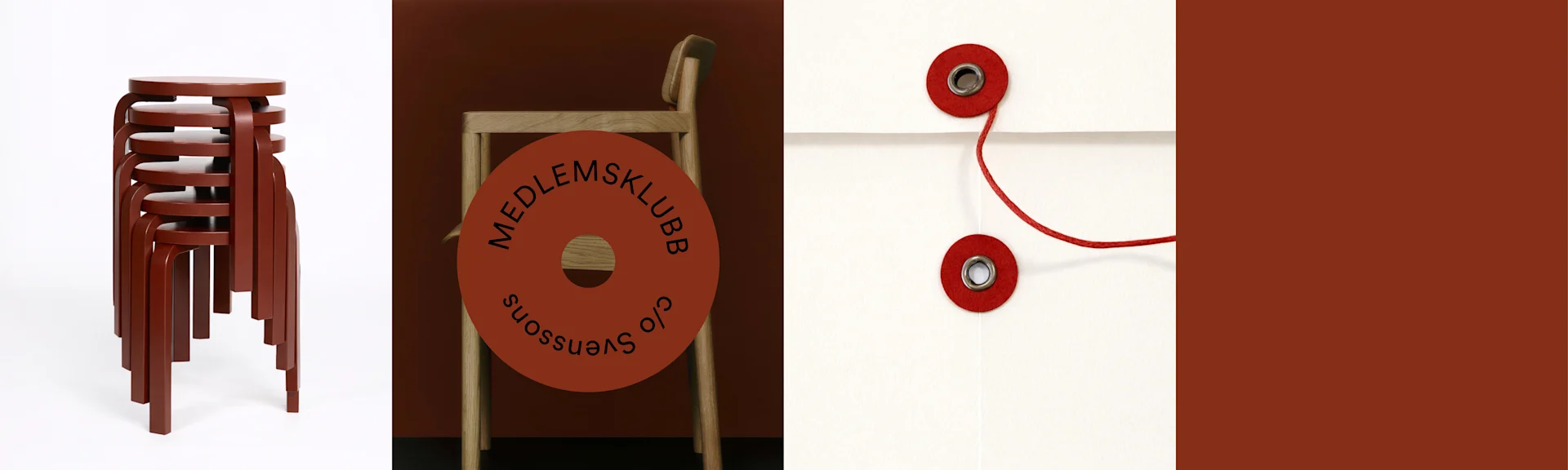 Staplade rödbruna pallar, trästol med 'Medlemsklubb'-skylt, vitt kuvert med rött snöre, och en röd bakgrund.