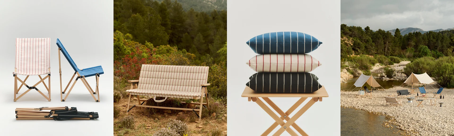 En kollage med utemöbler: två fällbara stolar, en fällbar bänk, staplade kuddar och ett picknickområde vid en flod.