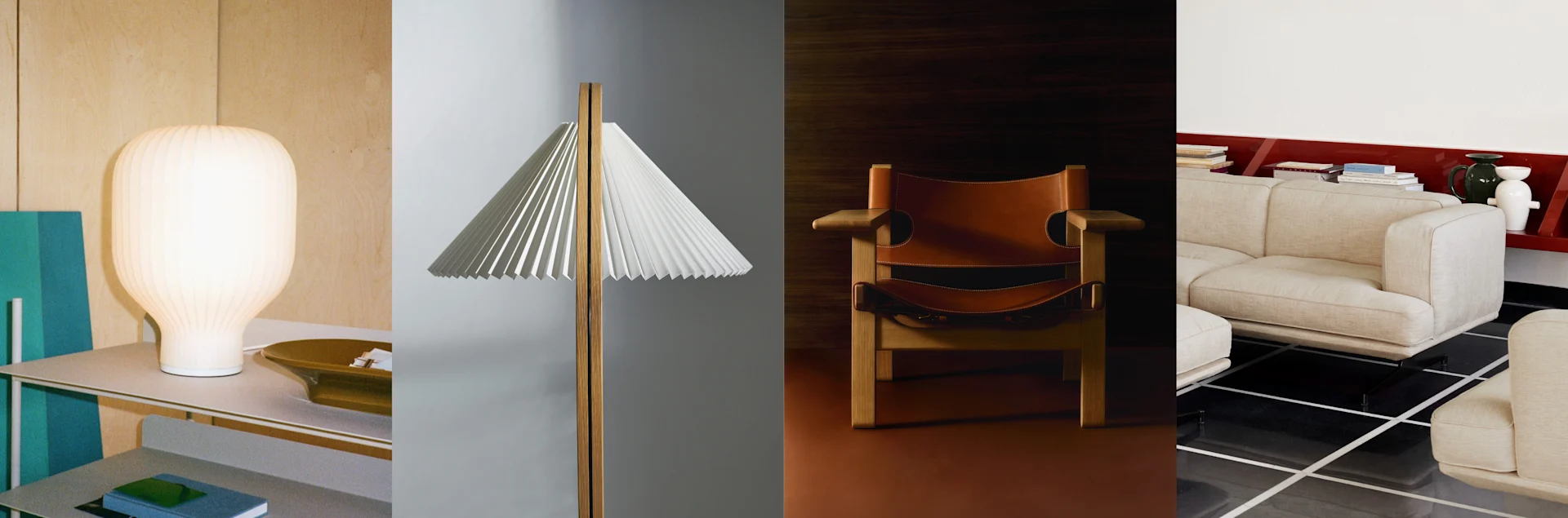 Fyrdelad bild: en krämfärgad soffa, en vit räfflad bordslampa, en olivfärgad soffa och en vit plisserad golvlampa.