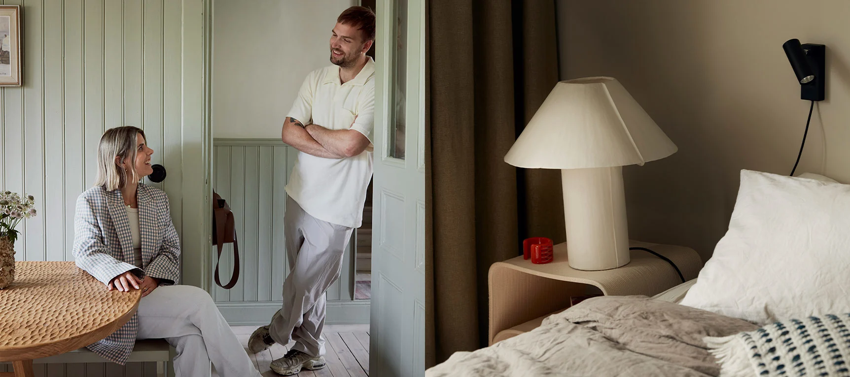 Familjen Stuart står i sitt kök med gröna paneler och en vit bordslampa bredvid en säng.