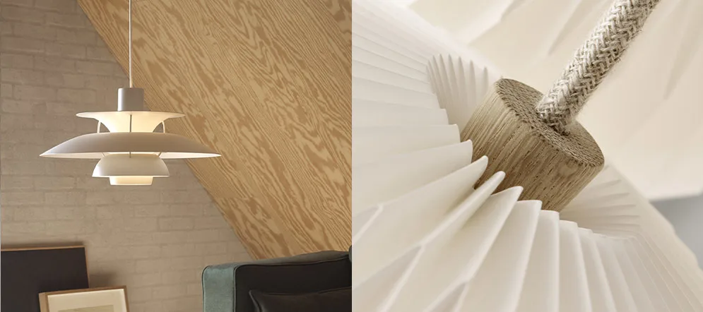 Välj rätt belysning för ditt hem, som exempelvis PH5 från Louis Poulsen - här i vitt, blått och burgundy över ett matbord. 