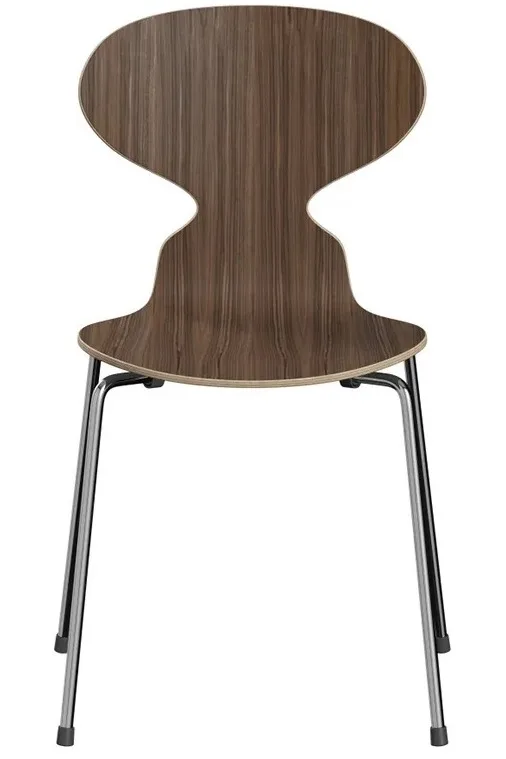 Myran-stol i lackerad valnöt med kromade ben, formgiven av Arne Jacobsen för Fritz Hansen.