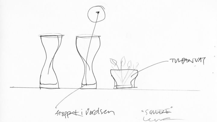 Skiss av olika Squeeze-vaser, handritad av Lena Bergström för Orrefors.