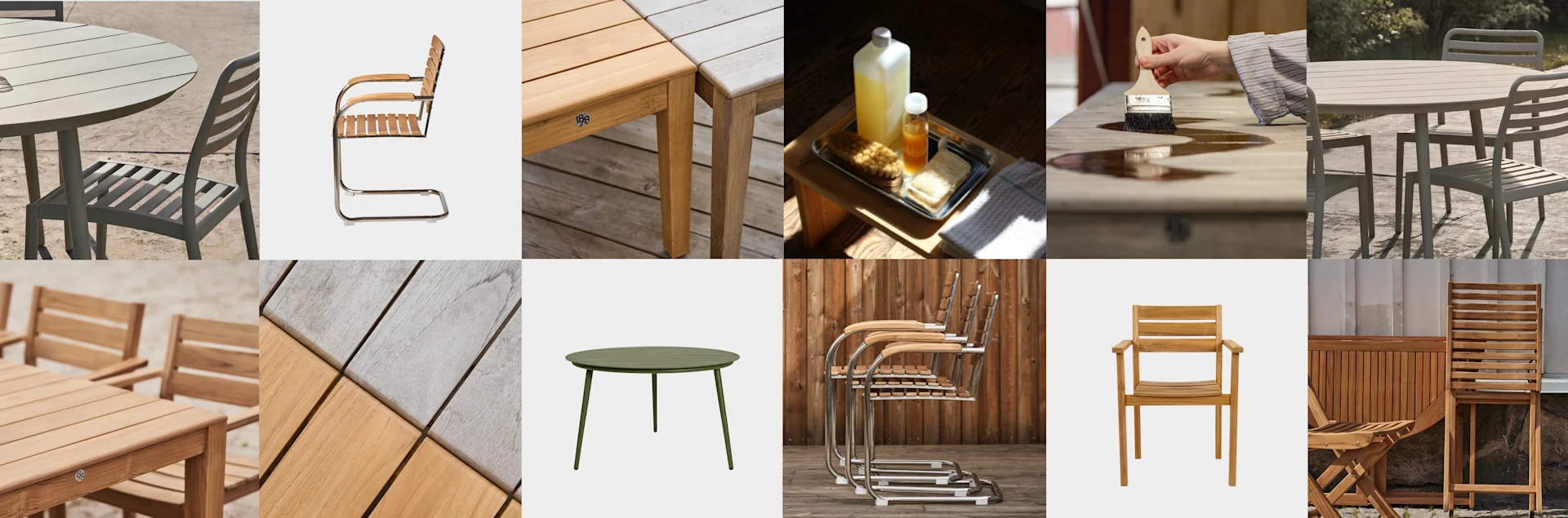 Kollage av trämöbler: ljus stol, mörk stol med flätad sits, utomhusstolar framför röd vägg, träbord med naturlig och grå finish.