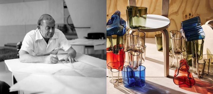 Designporträtt Alvar Aalto 125 år, staplade Aalto-vaser i olika färger tillsammans med E60 pall och stol i björk från Artek.