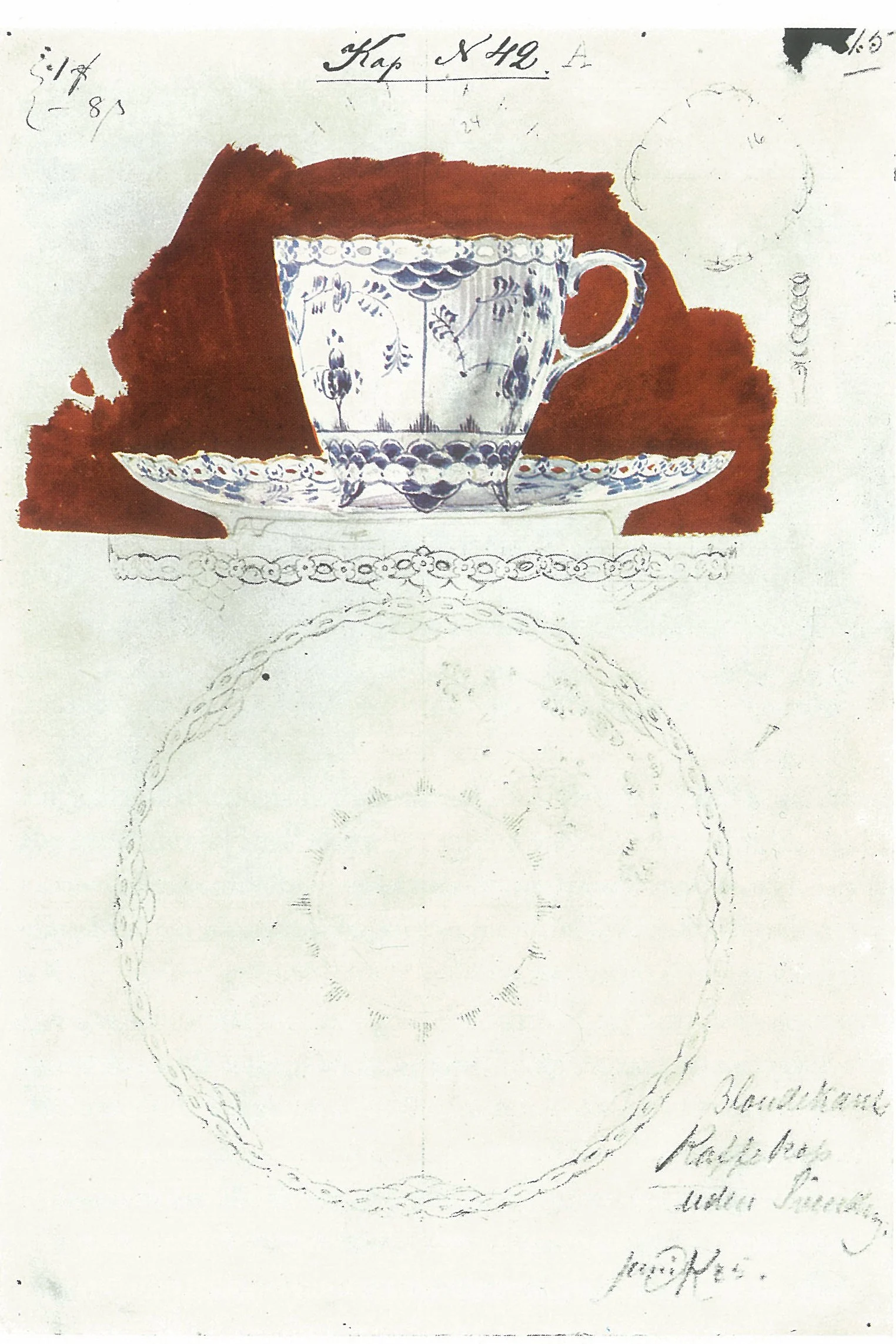 Gammal skiss av Blue Elements kopp från Royal Copenhagen, blåvitt porslin med gamla anor.