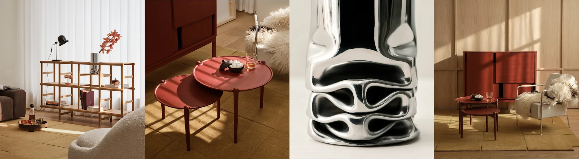 Moderna heminredningar: trämöbler, varma mattor, röda accentbord och en silverfärgad skulptural vas.