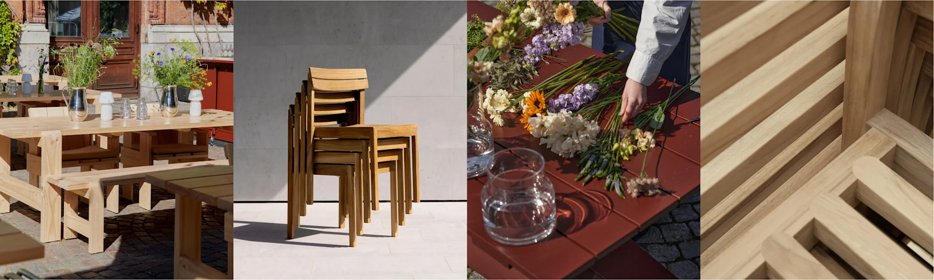 Kollage med utemöbler: träbord, bänkar, staplade stolar och närbilder av träribbor, med blomsterarrangemang.