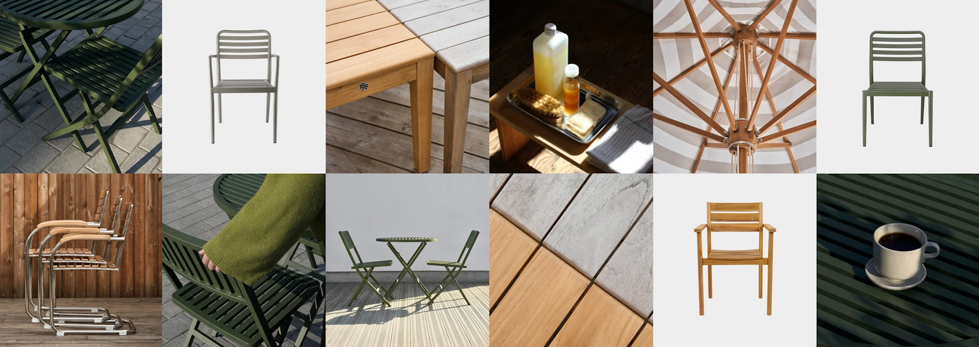 Kollage av utemöbler och tillbehör: gröna bord och stolar, stolar i trä och metall, ett randigt parasoll, och rengöringsprodukter.