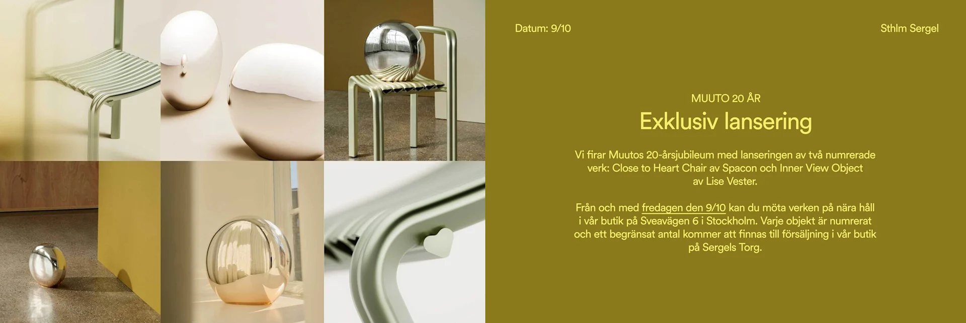 Kollage med minimalistiska designobjekt: en räfflad metallstol, silverfärgade sfärer och en vas, samt en stol med hjärtformad detalj.