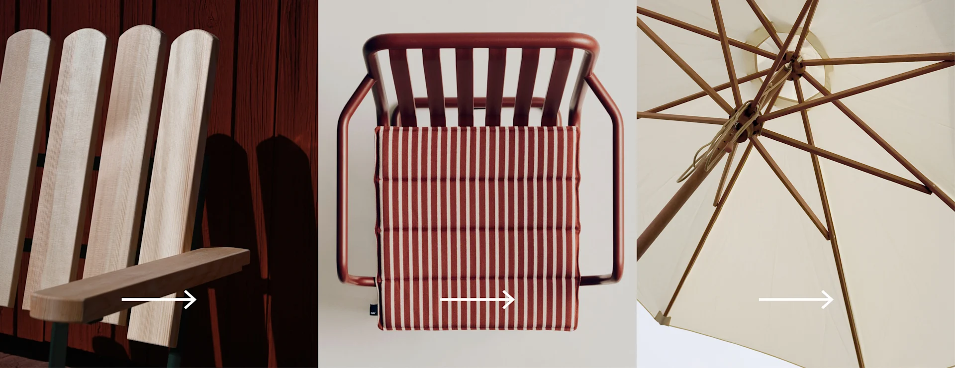 Detaljer av utemöbler: trästol mot röd vägg, stol med randig dyna, och undersidan av ett parasoll.